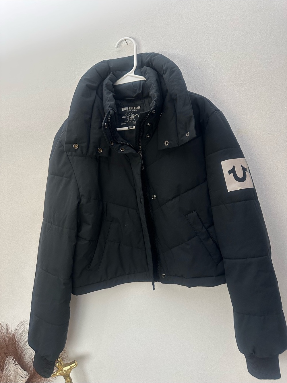 True Religion Black Quilted Puffer Jacket with Sleeve Logo Patch - Preloved